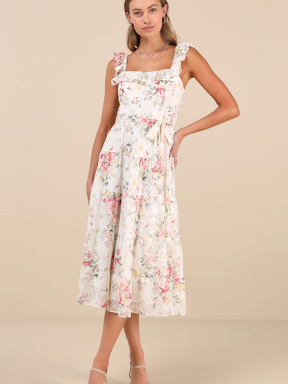 Lulus Shela Ivory Floral Jacquard Tiered Midi Dress White - Size M